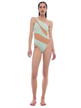 Norma Kamali Snake Mesh Mint Stripe One Piece Swimsuit Size Large NEW NWT